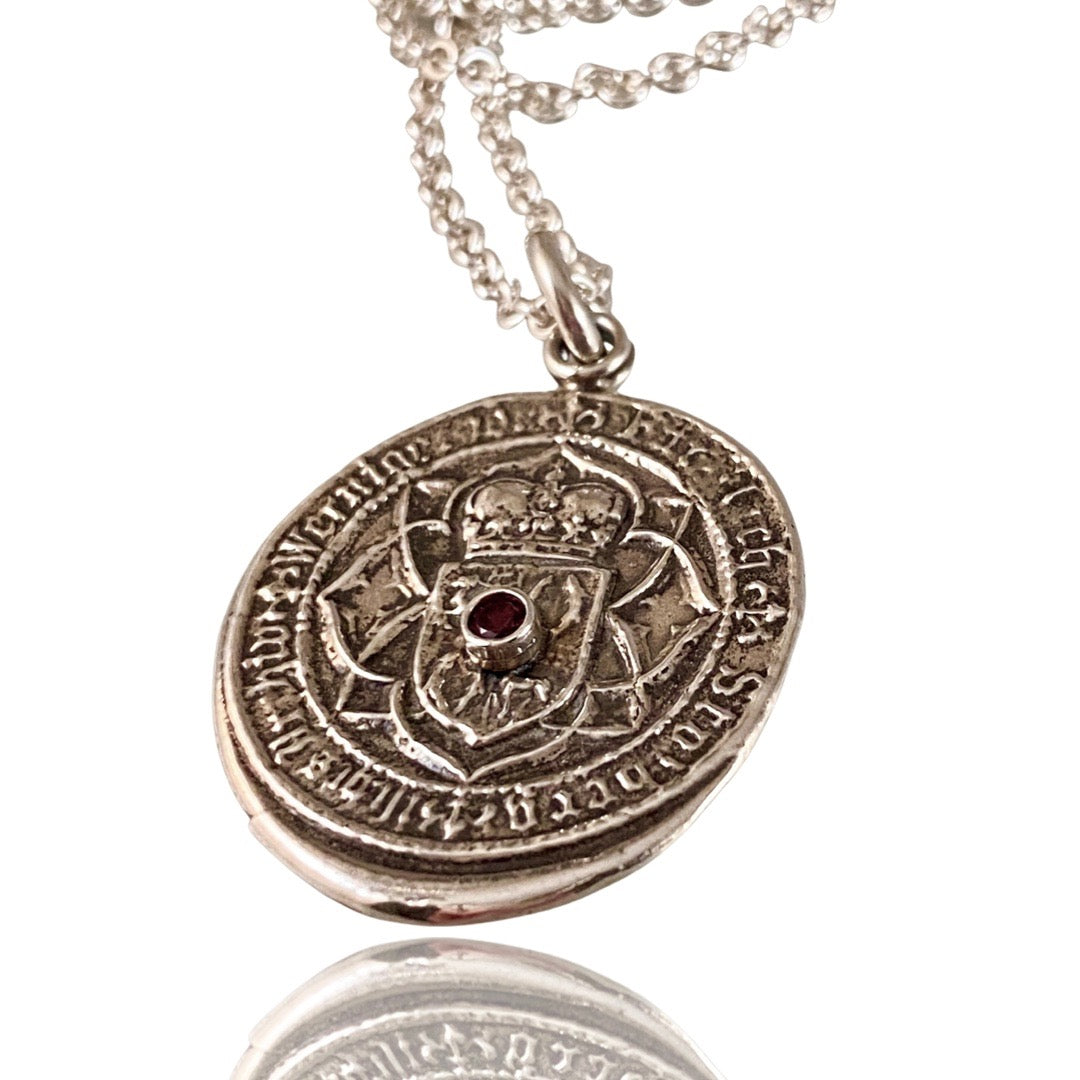 Faith & Garnet Sterling Shield Necklace