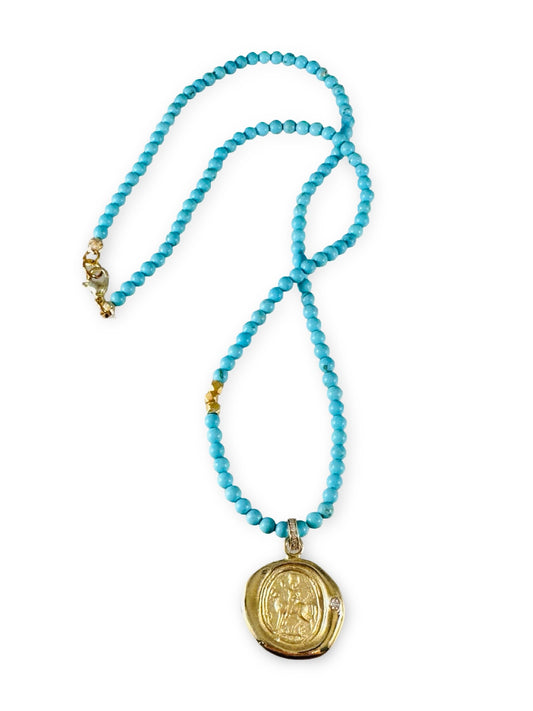 16â Saint George Turquoise & Diamond 18k Gold Necklace