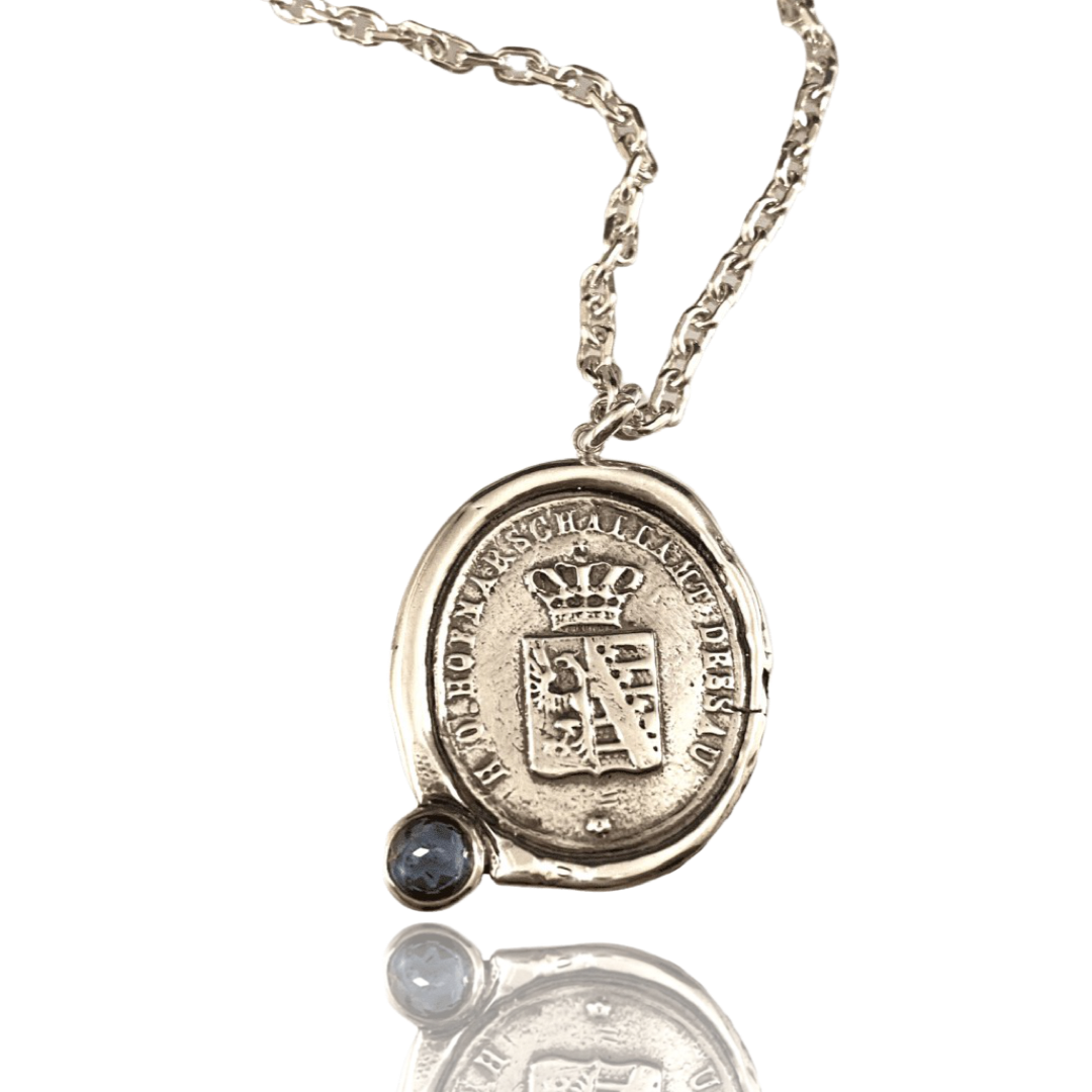 Large Crown Shield & Sapphire Sterling Necklace