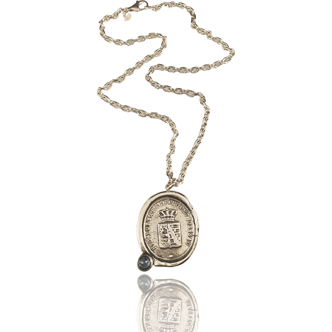 Large Crown Shield & Sapphire Sterling Necklace