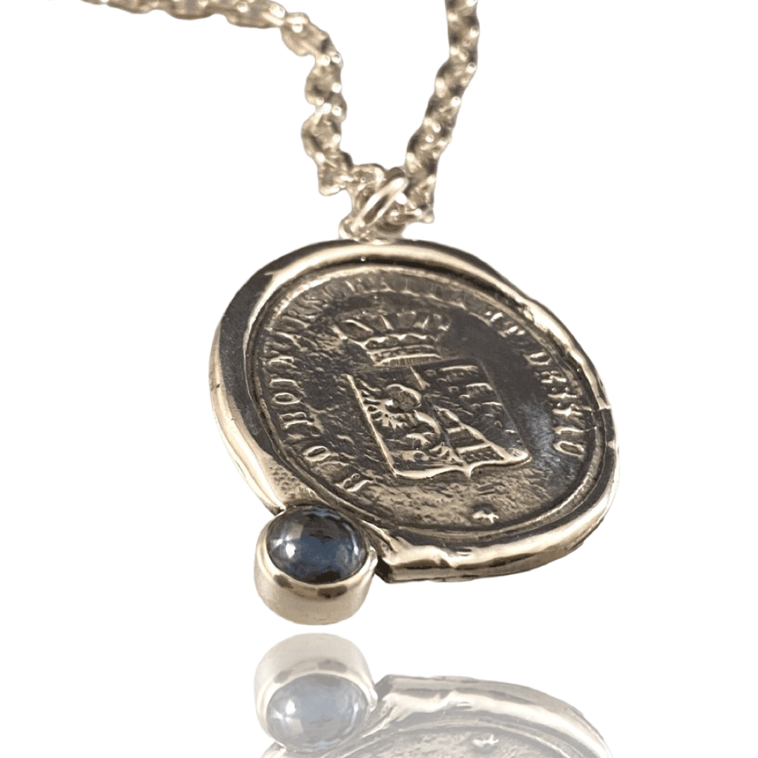 Large Crown Shield & Sapphire Sterling Necklace